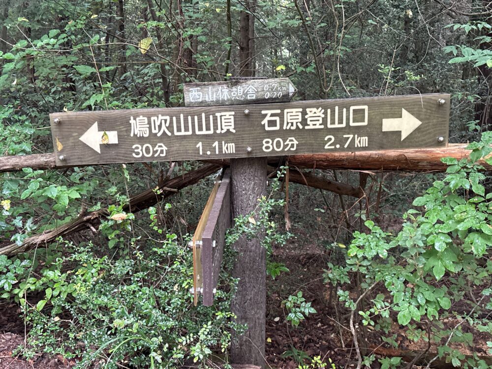 鳩吹山山頂と石原登山口を示す分岐標識
