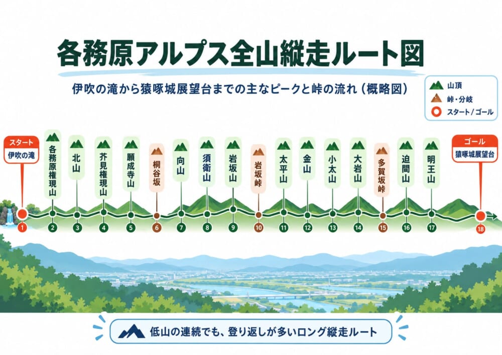 伊吹の滝から猿啄城展望台までの各務原アルプス全山縦走ルート図