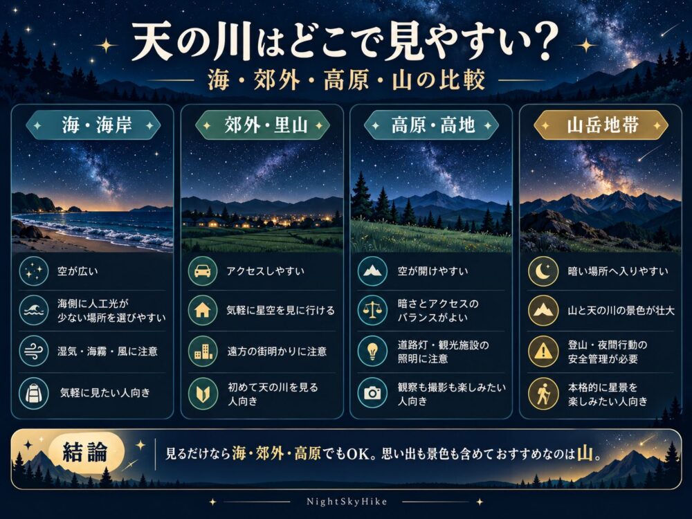 天の川が見やすい海・郊外・高原・山の違いを比較した図解