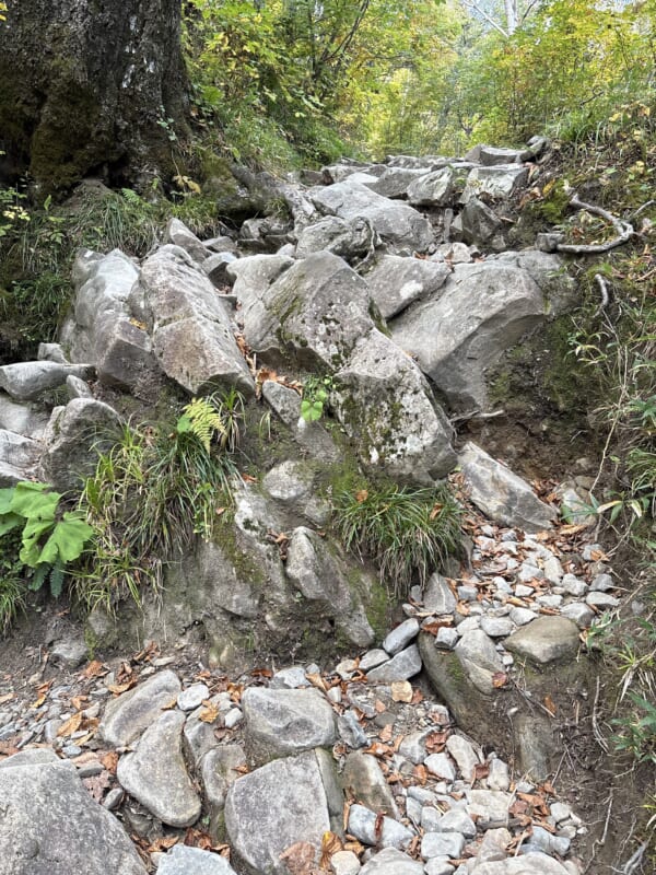 白山砂防新道の下山路にある大きな岩の段差