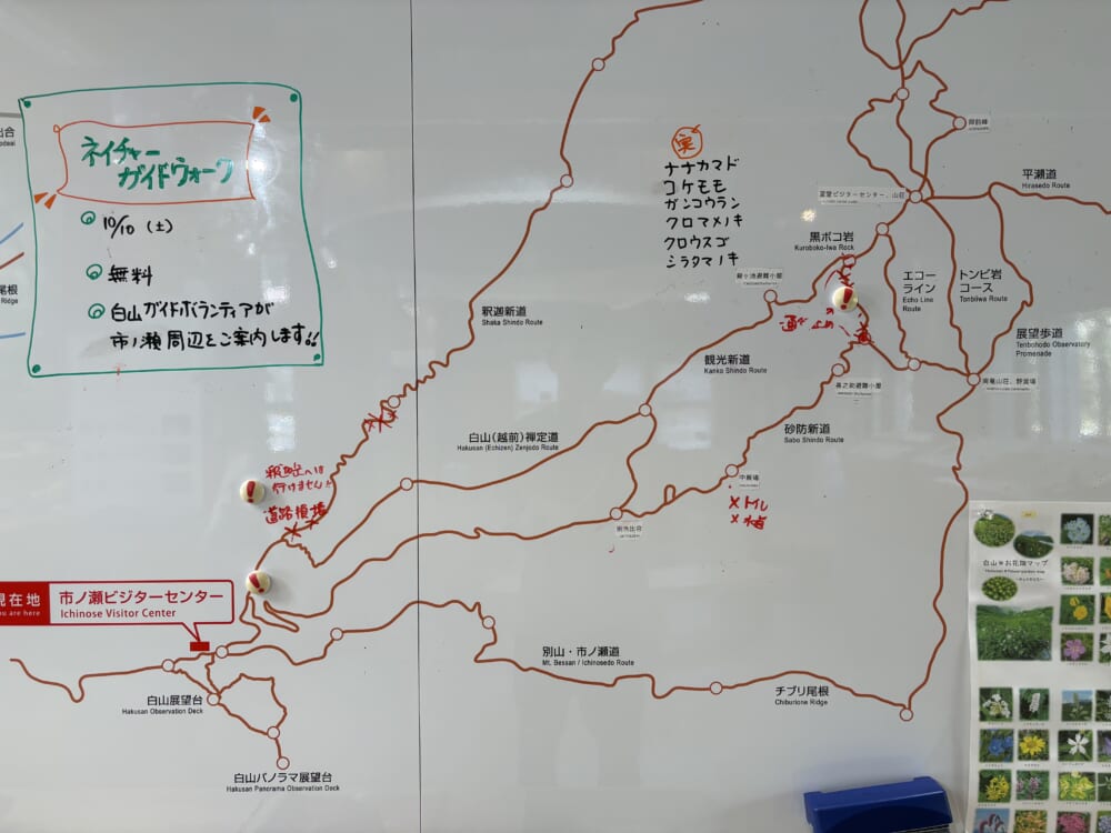市ノ瀬ビジターセンター内に掲示された白山の登山ルート案内図