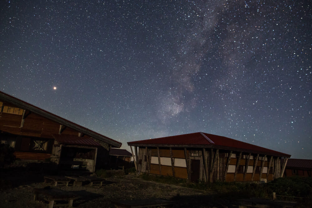 2018年8月7日に白山室堂の山小屋の建物群と天の川を撮影した星景写真