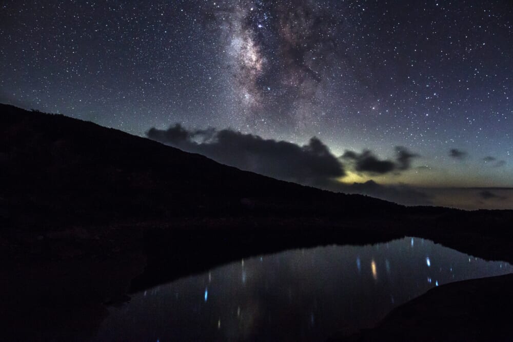 2018年8月7日に白山山頂付近の池と天の川を撮影した星景写真